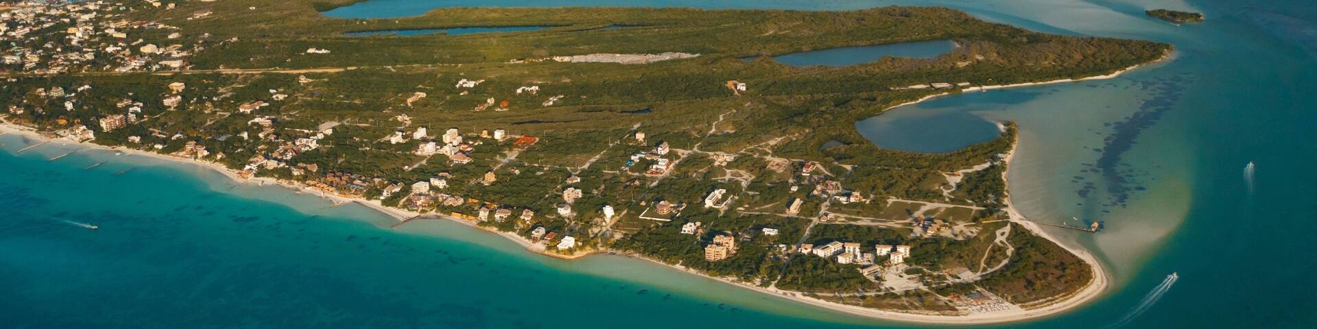 Drone shot of island from Isla Holbox, Quintana, Roo, Me, Mexico