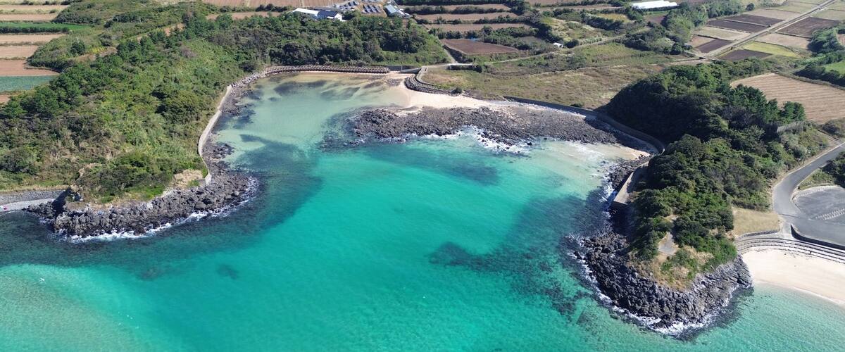 An aerial view of a coastal area with clear turquoise waters, rocky shorelines, and surrounding greenery.