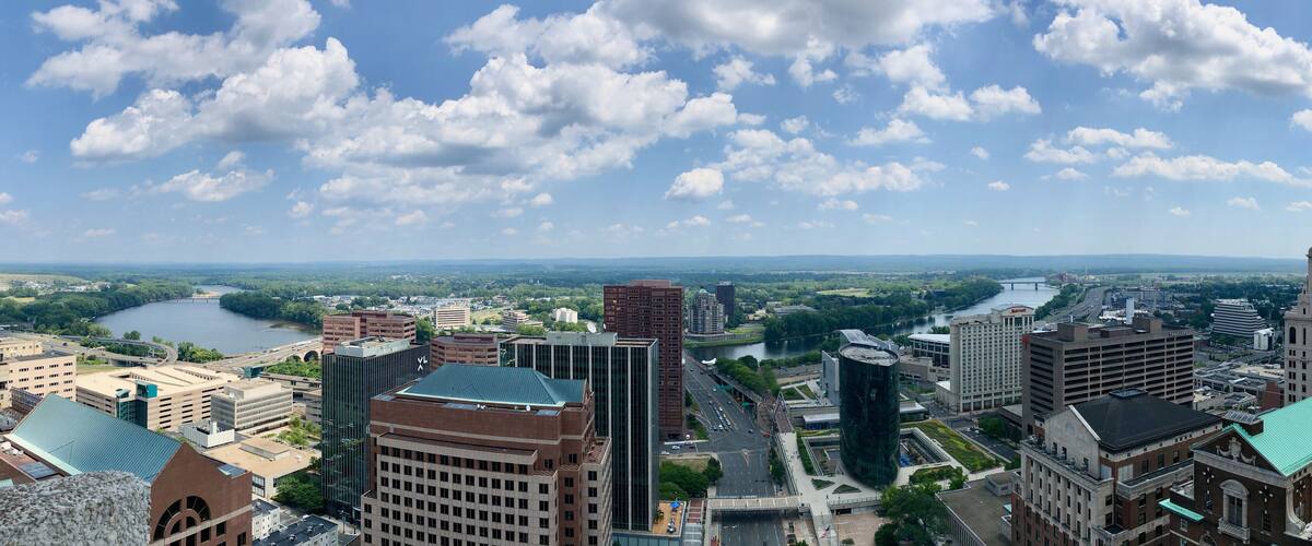 Arial view of a city river highway office buildings. Taken in Hartford Connecticut