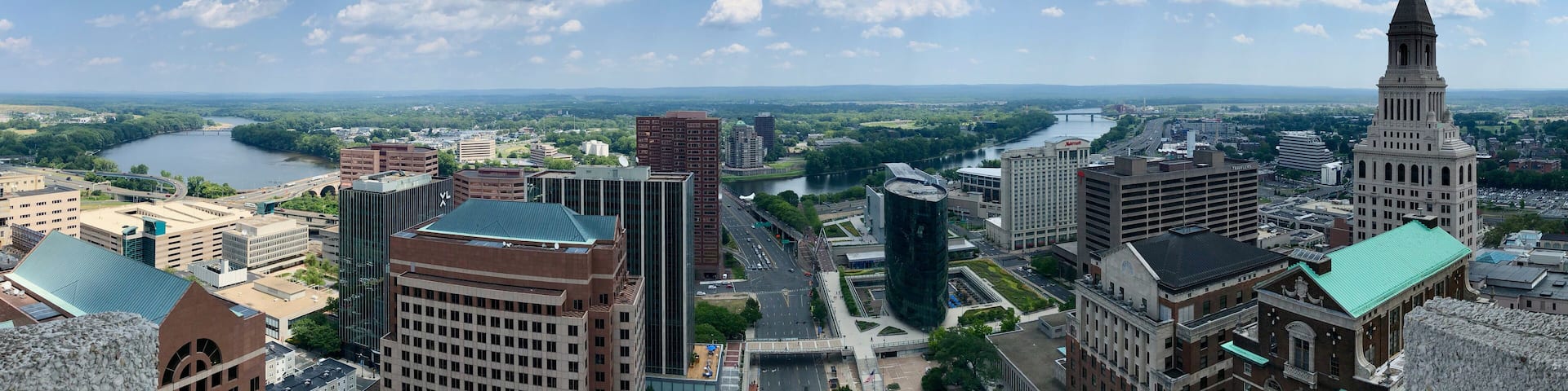 Arial view of a city river highway office buildings. Taken in Hartford Connecticut