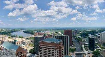 Arial view of a city river highway office buildings. Taken in Hartford Connecticut