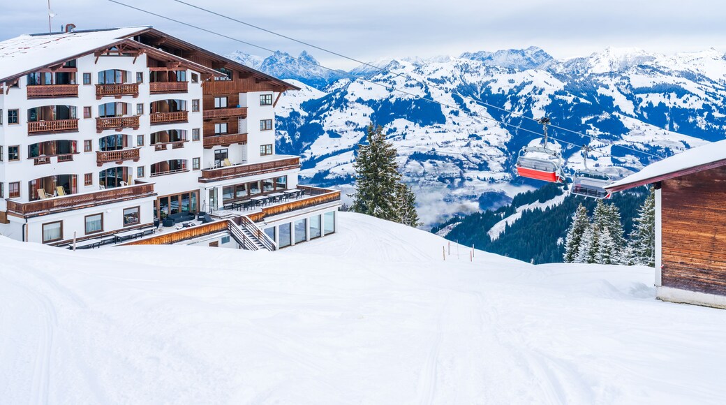 Wintry landscape on Hahnenkamm mountain in Austrian Alps in Kitzbuhel. Winter in Austria