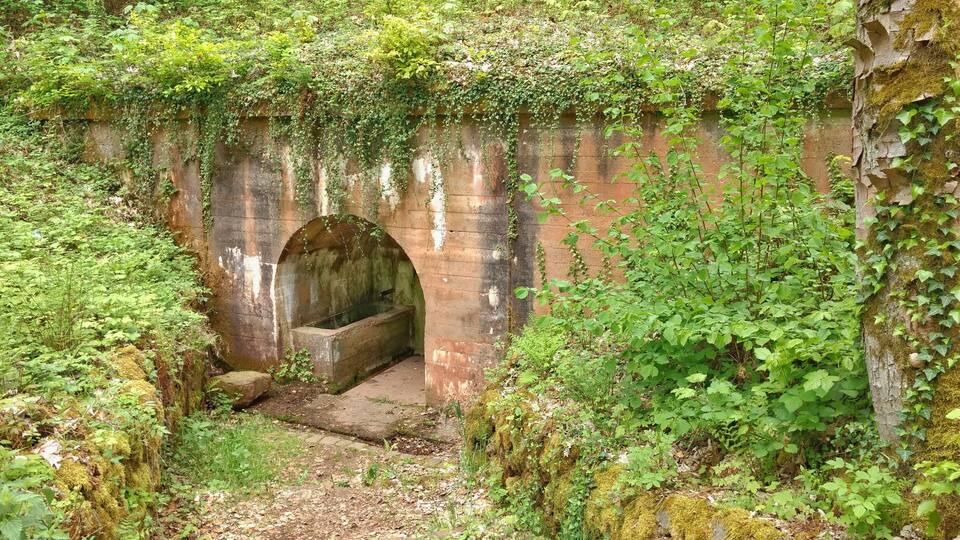 A stone bridge with a covered passageway surrounded by lush greenery.