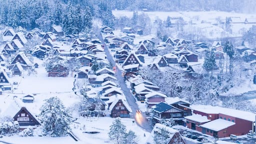 A snow-covered village with traditional wooden houses and a river in the background.