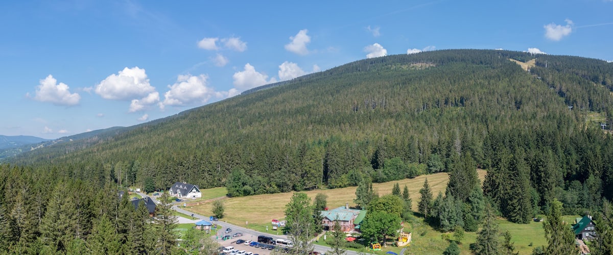A mountainous landscape with dense forests, a small village, and a clear blue sky.
