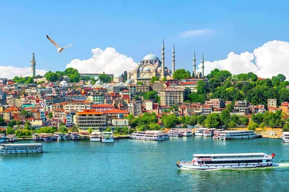 A cityscape with a river, boats, and a prominent mosque with two minarets.