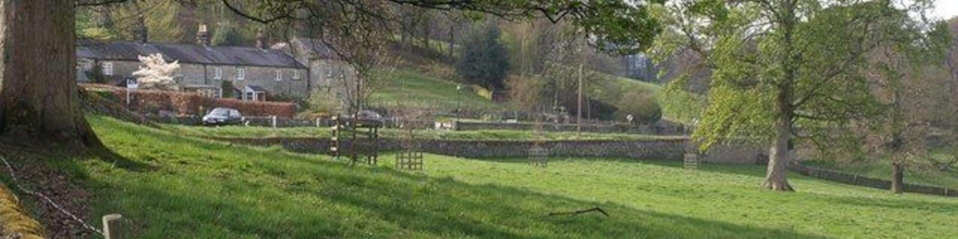 Houses on Darley Road, Birstwith. Seen across a meadow. This is close to 68163.