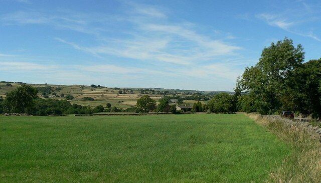 The Carr from Low Lane, Darley. The road at the right is Darley Carr. The village of Darley is hidden in the valley bottom.