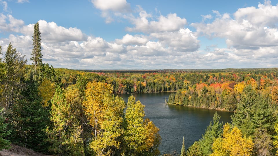A lake surrounded by autumn-colored trees and a clear sky.