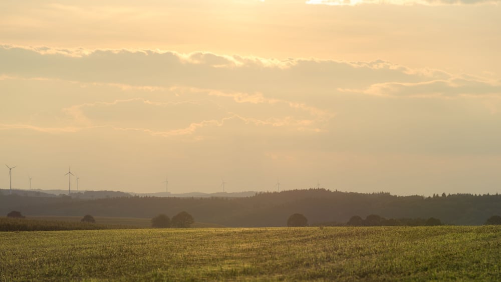 Beautiful, hazy landscape at sunset, with wind turbines in the background. Agriculture mixed with renewable energy. Representing hope for future generations. Hosingen, Luxembourg.