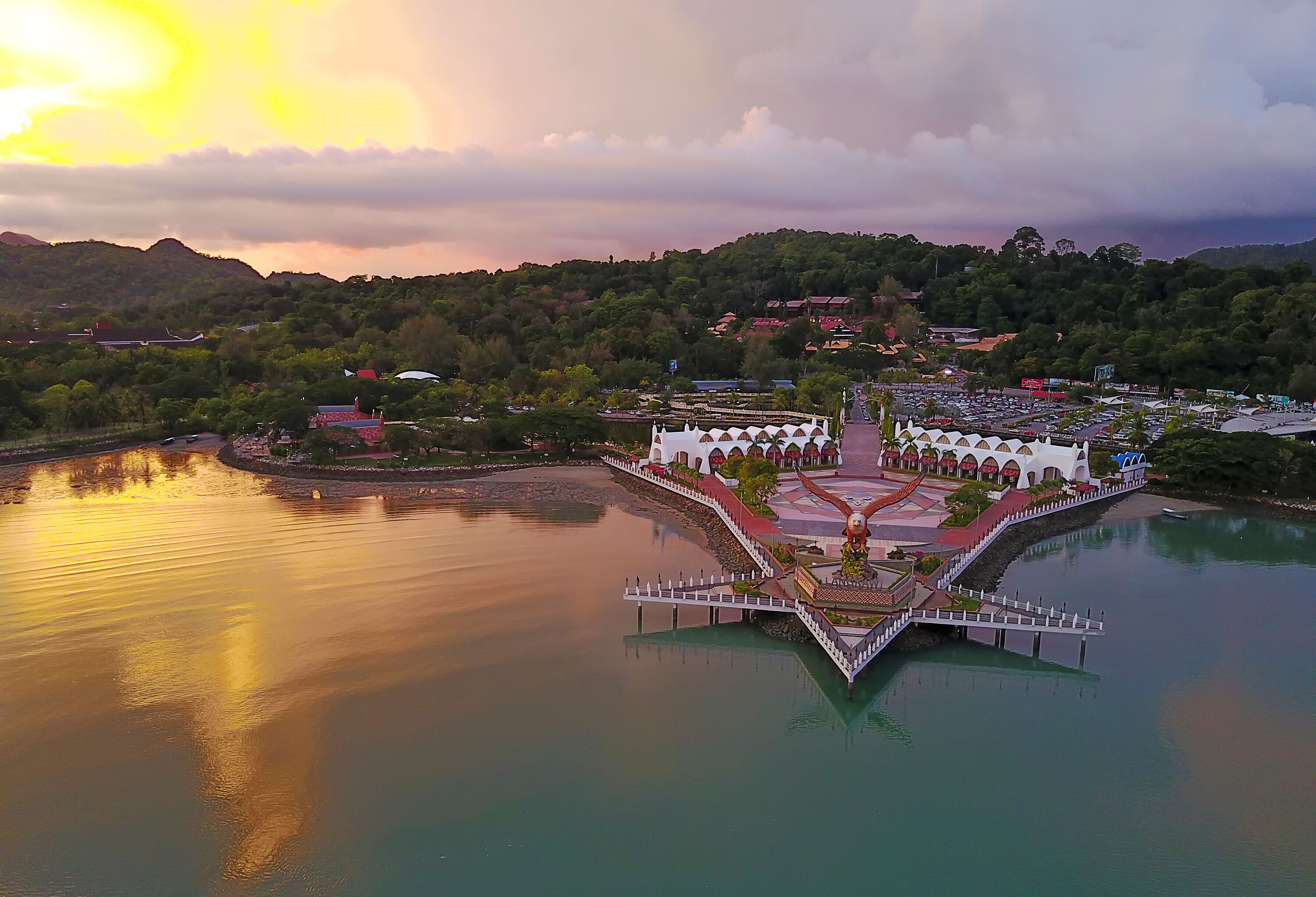 Aerial view of public Eagle statue, the symbol of Langkawi island, Malaysia.