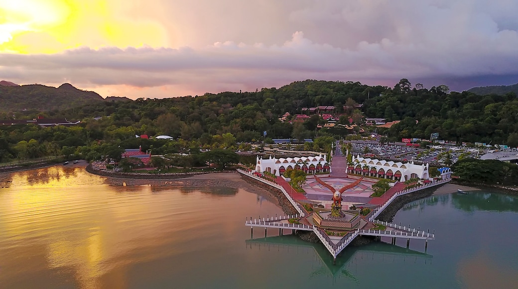 Aerial view of public Eagle statue, the symbol of Langkawi island, Malaysia.