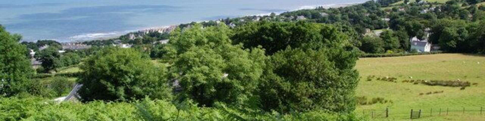 A coastal landscape with a view of the sea, rolling hills, and scattered houses.