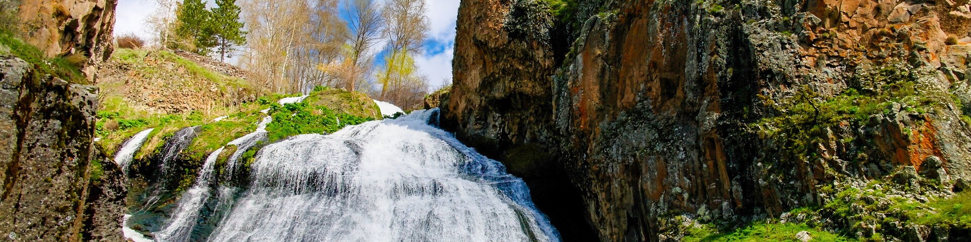 Panorama of Jermuk waterfall on Arpa river, Armenia