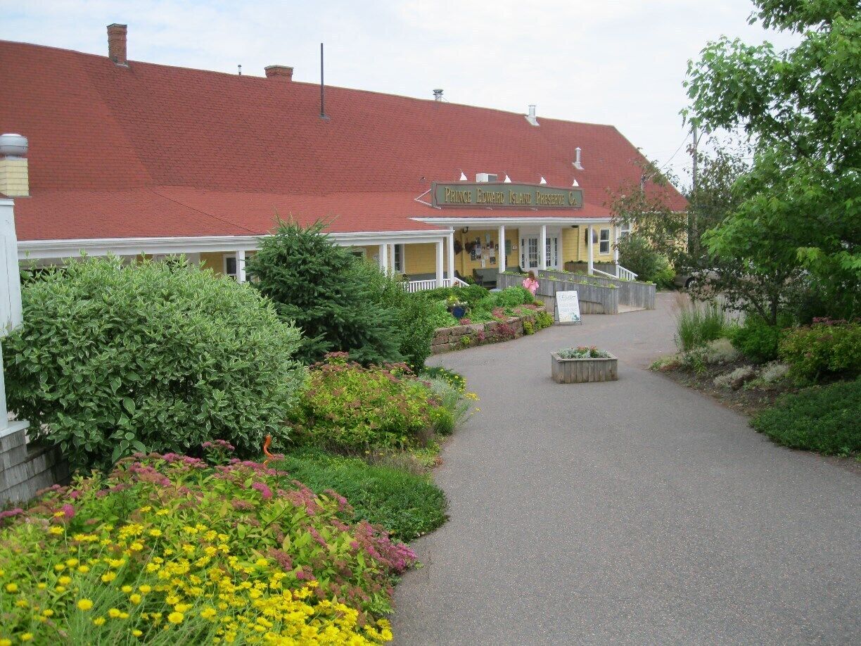 A pathway leading to a yellow building with a red roof, surrounded by lush greenery and yellow flowers.