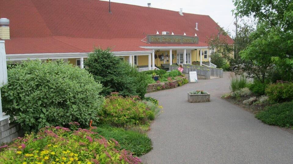 A pathway leading to a yellow building with a red roof, surrounded by lush greenery and yellow flowers.