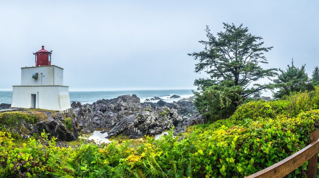 Amphitrite point lighthouse guiding ships near ucluelet on vancouver island