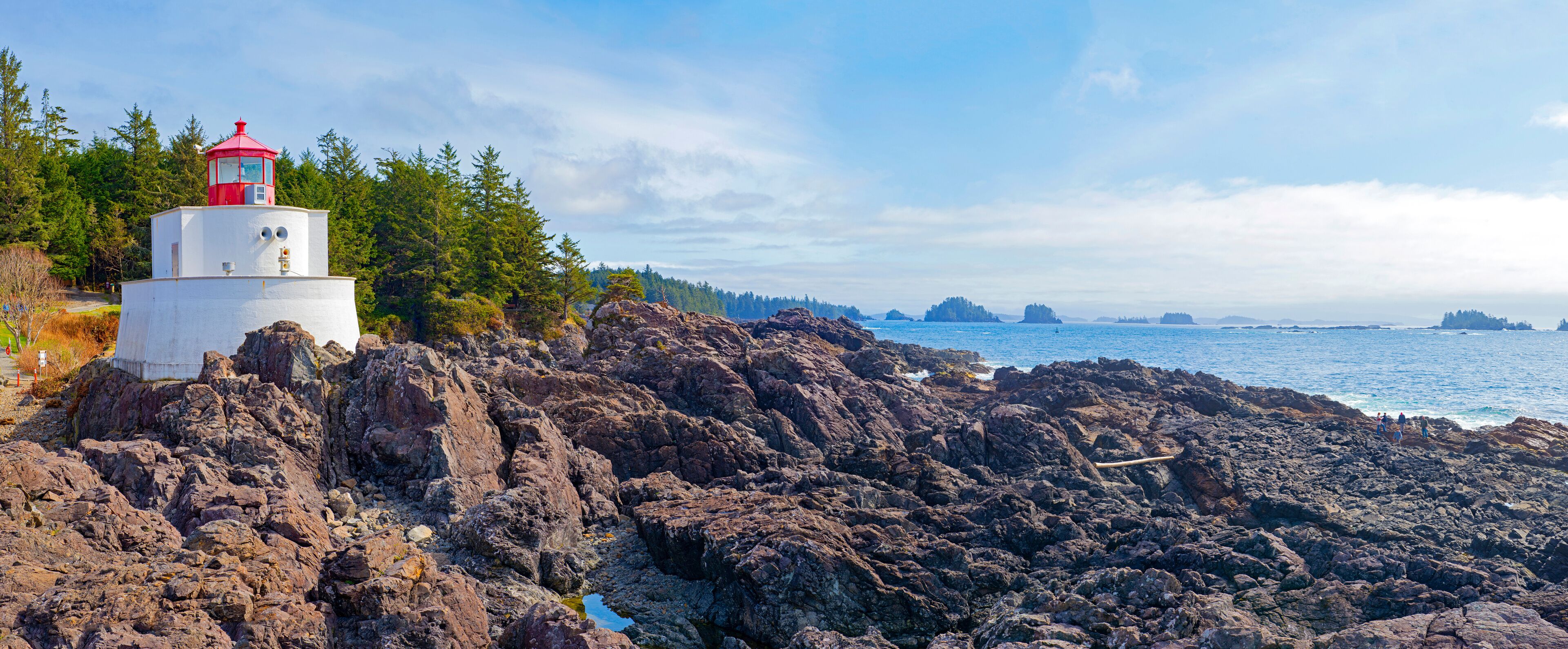 Panoramic view of the Amphitrite Lighthouse in Ucluelet, BC