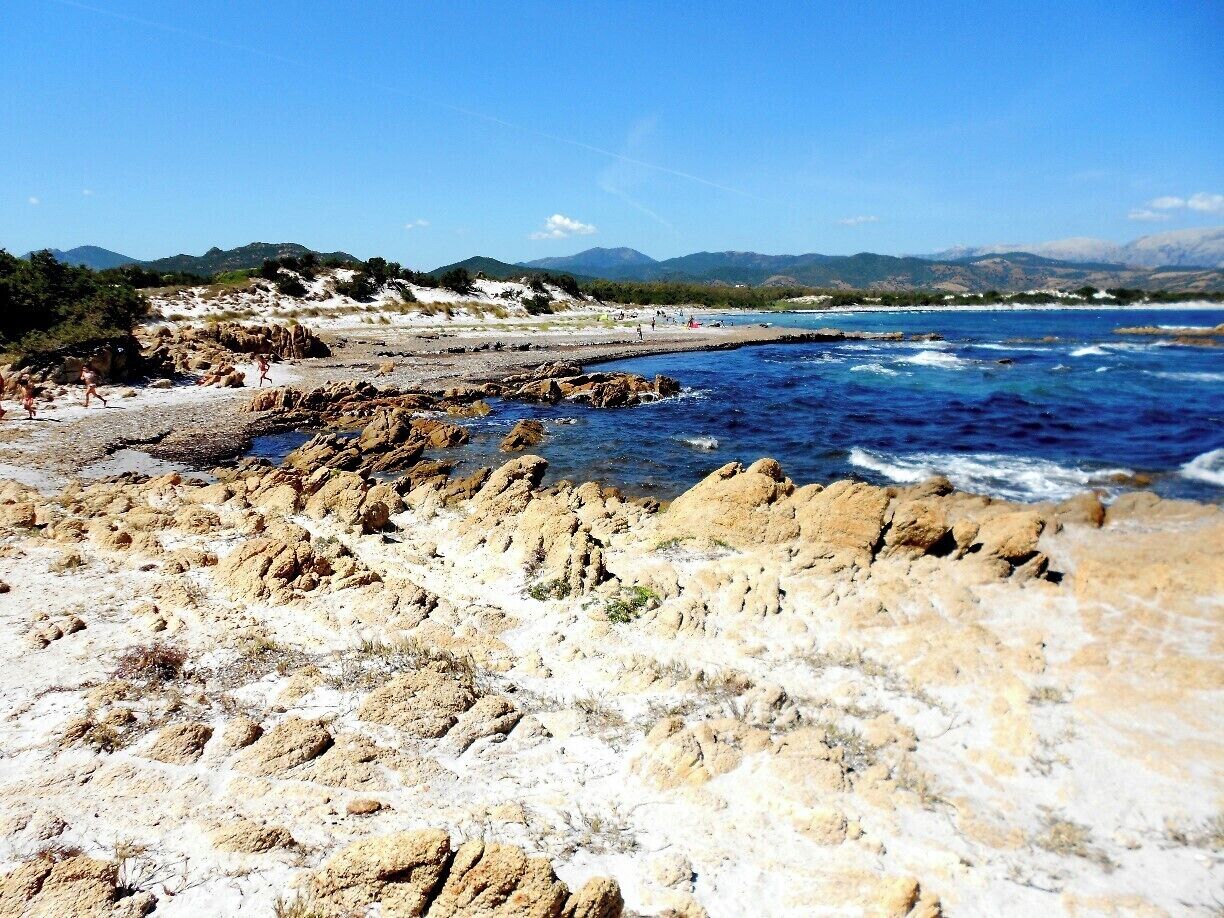 A rocky shoreline with waves crashing onto the beach, a clear blue sky, and distant mountains.