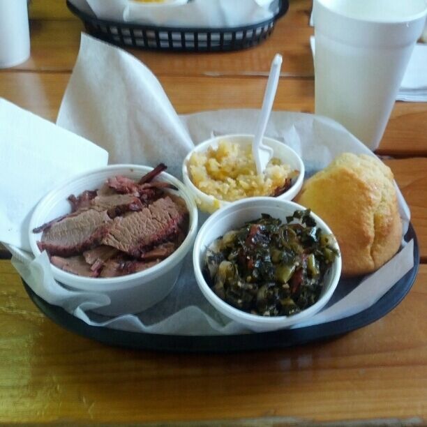 Beef brisket, cheesy potatoes, cornbread, spicy southern greens.