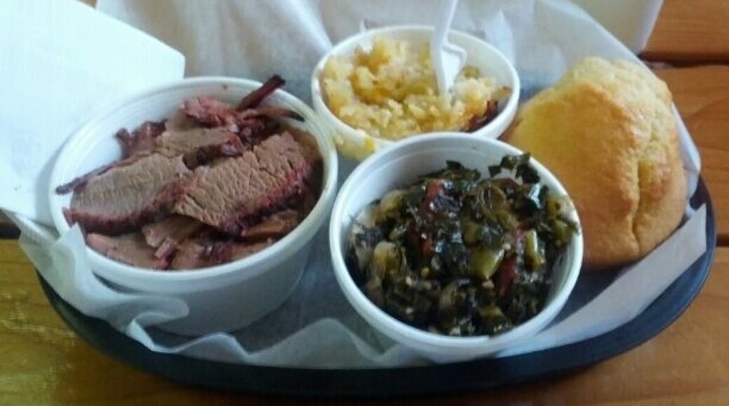 Beef brisket, cheesy potatoes, cornbread, spicy southern greens.