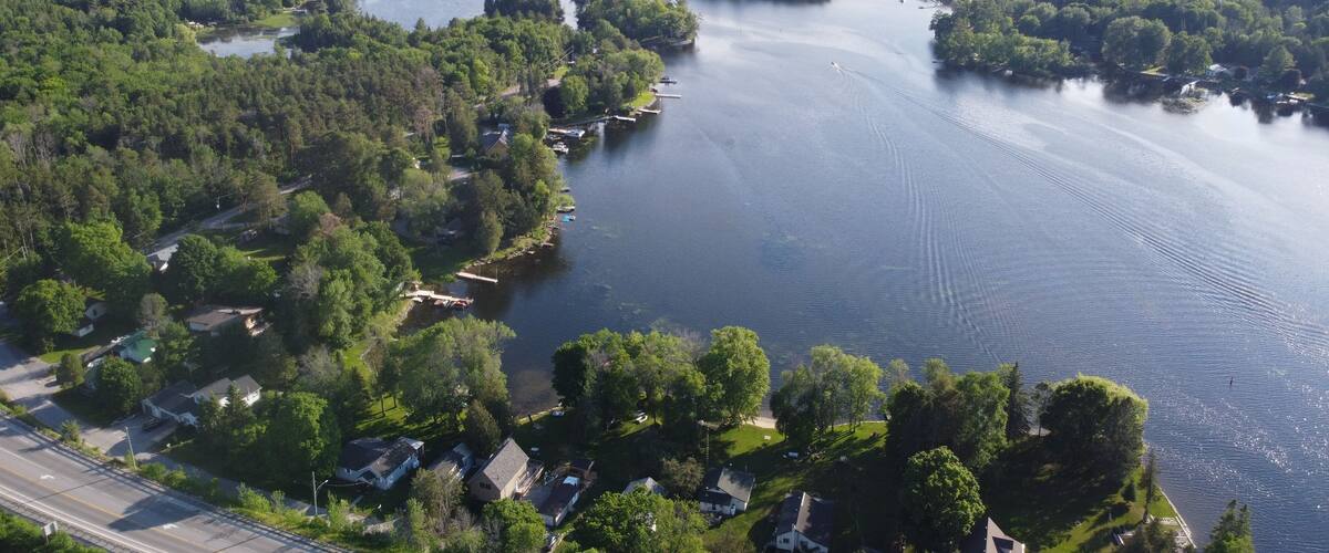 A river winding through a densely wooded area with houses along the banks.