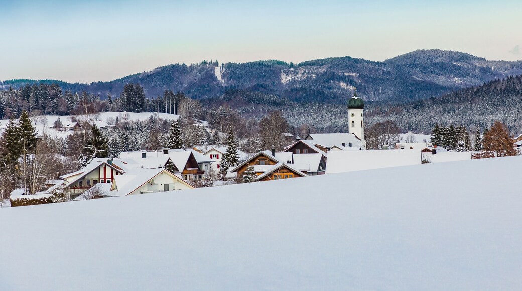 Dorfkirche von Maierhöfen im Allgäu, Bergsicht im Allgäu, Banner, Bannergröße, Hintergrund, Winter im Allgäu, schneebedeckt,