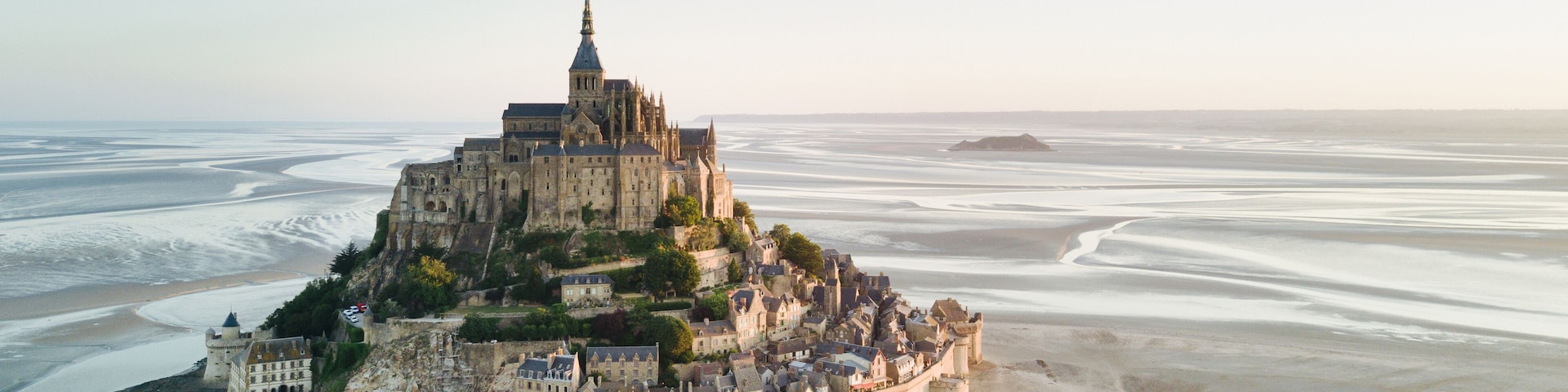 Le Mont Saint-Michel tidal island in beautiful twilight at dusk, Normandy, France