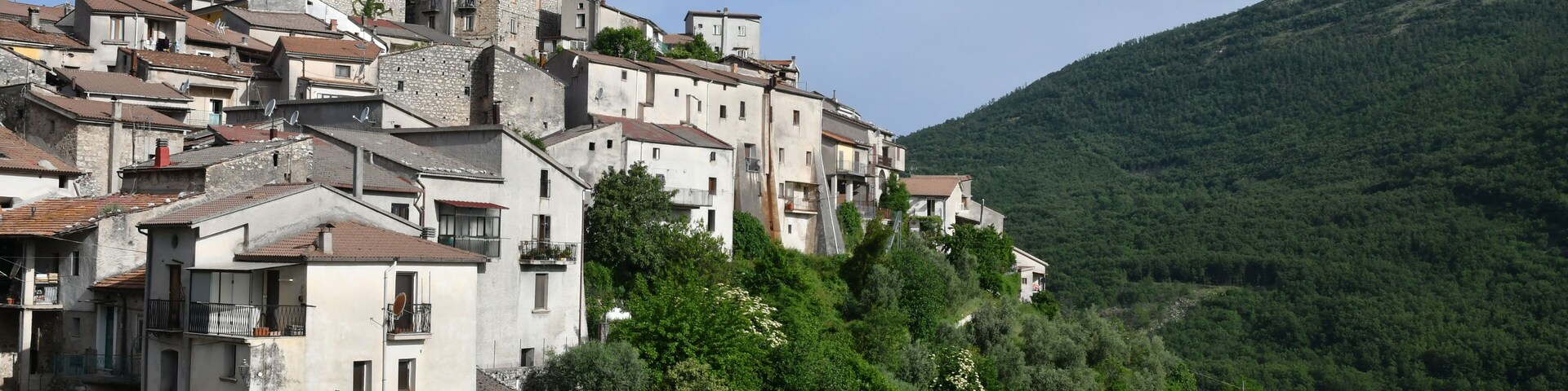 Un pueblo en una ladera con casas escalonadas y viñedos.