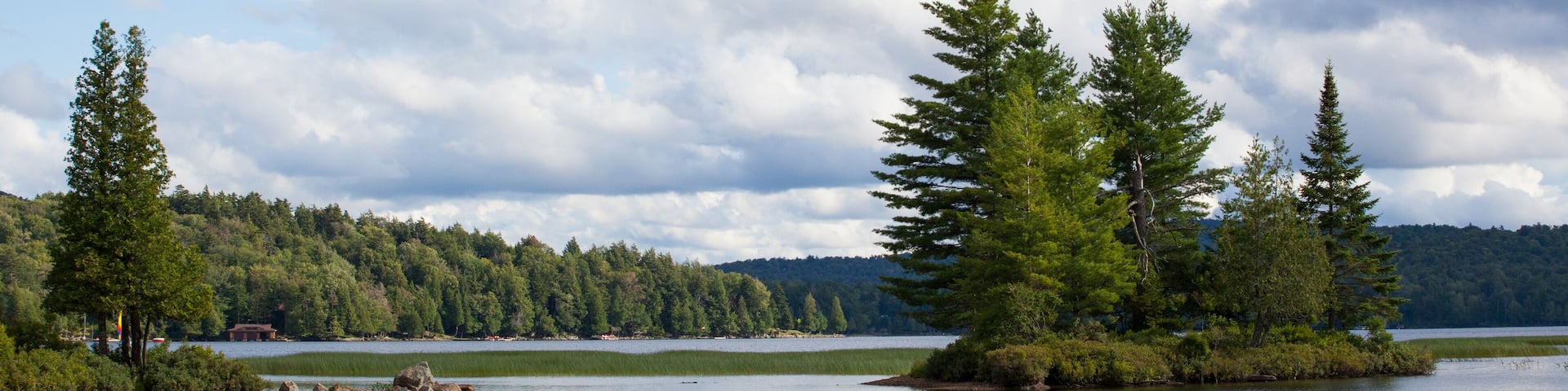A calm lake surrounded by dense forest and a cloudy sky.