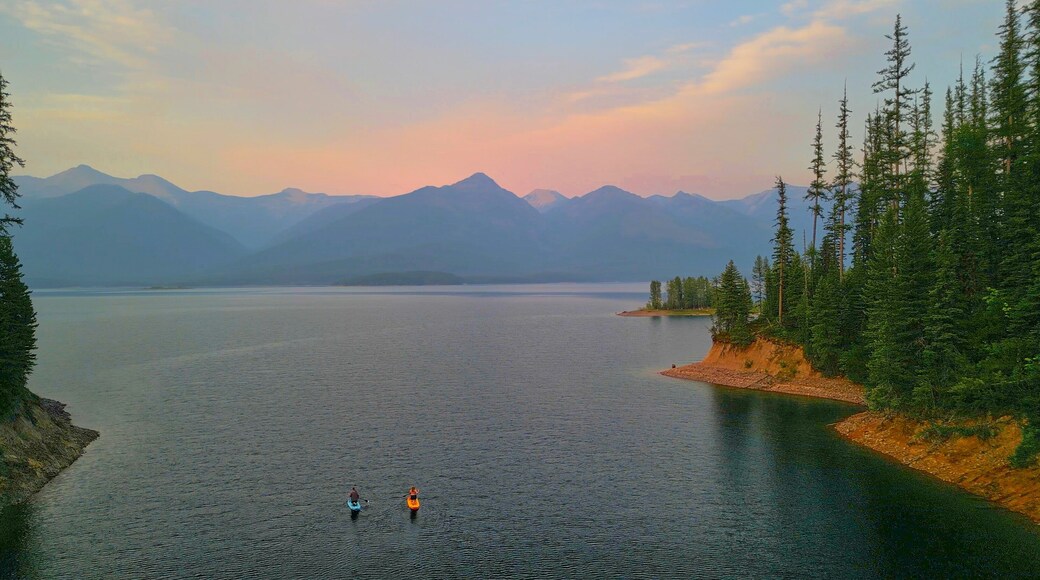 Aerial view of two paddle boarders on Hungry Horse Reservoir, MT.
