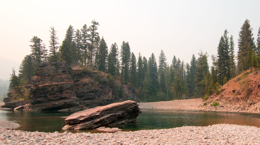 Curving riverbank where the Flathead and Spotted Bear Rivers meet in the Bob Marshall wilderness area during the 2017 fall fires in Montana United States