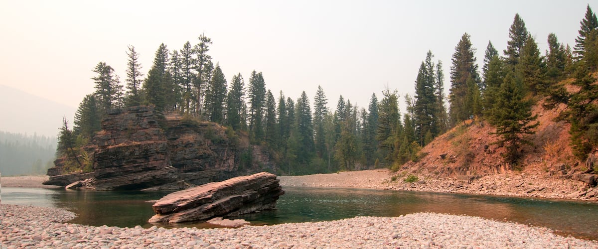 A river with a rocky outcrop and dense forest.