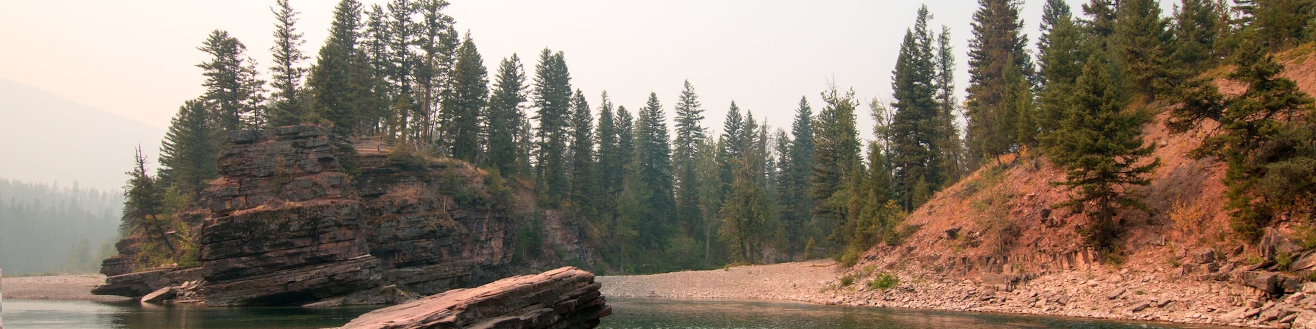 A river with a rocky outcrop and dense forest.