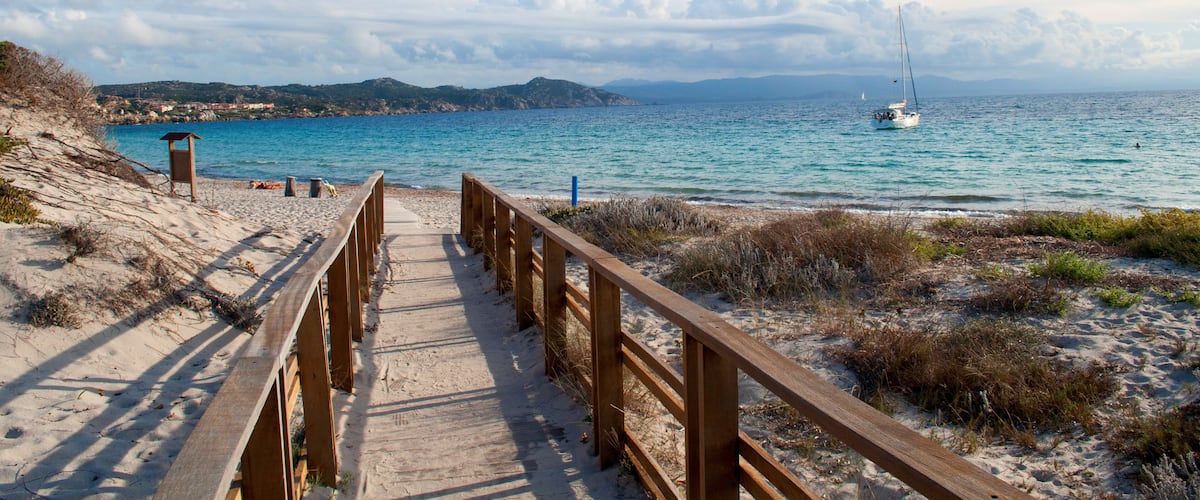 A wooden boardwalk leading to a beach with a sailboat in the water.