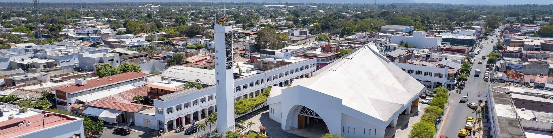 Cathedral of Our Lady of Candelaria in downtown Tecomán, Colima, Mexico, taken on May 2, 2025. A local religious and architectural landmark. tecoman