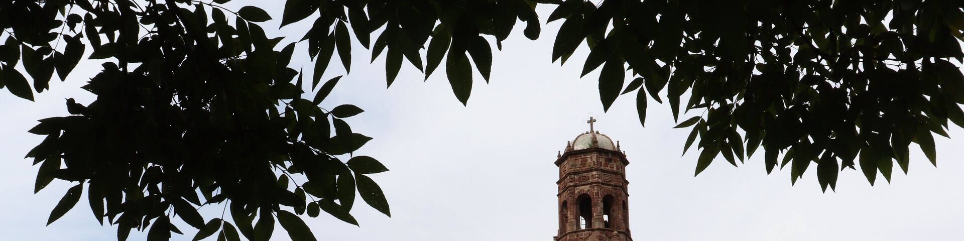 Convento de Santa Ana en Tzintzuntzan México visto detrás de un árbol