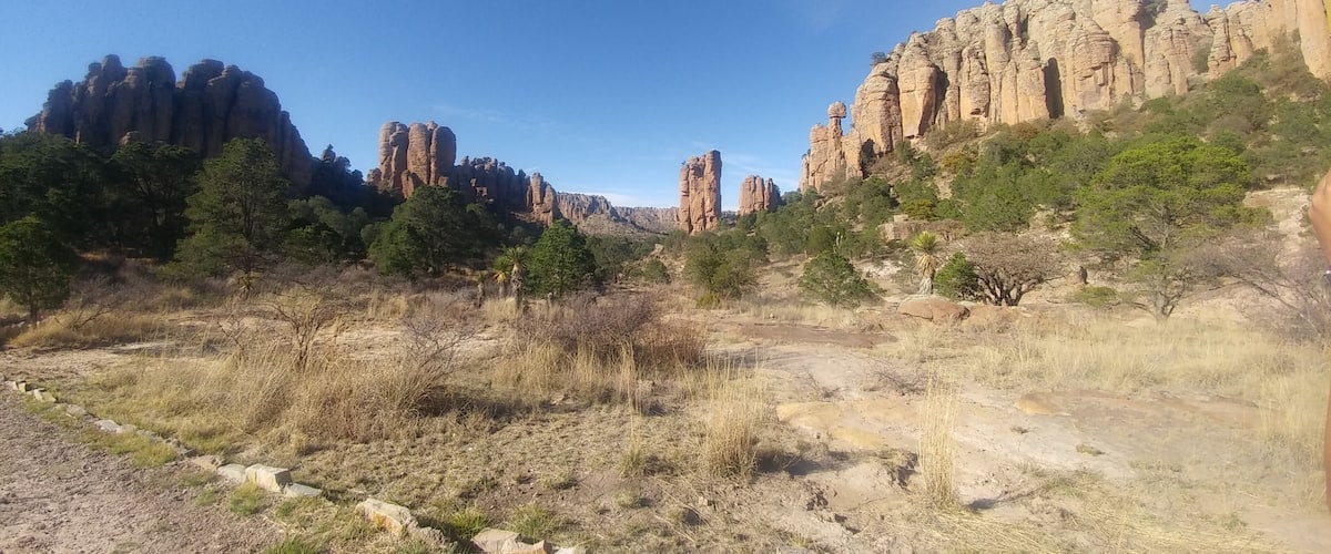 A rocky desert landscape with sparse vegetation and a clear blue sky.