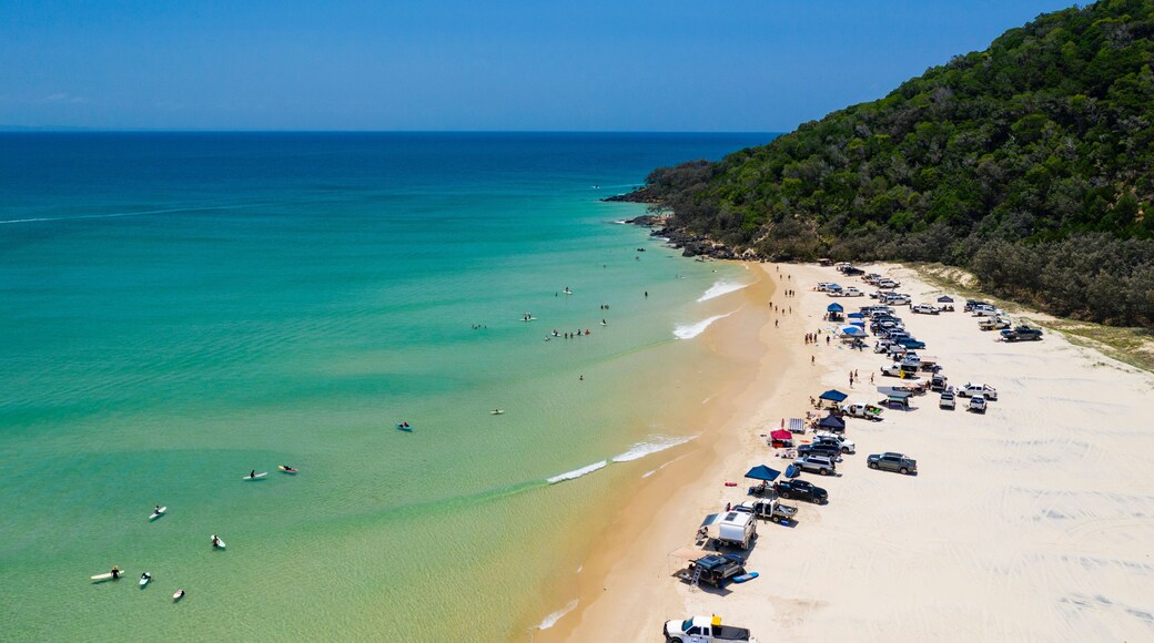 4WD vehicles and surfers at Double Island Point on a sunny day