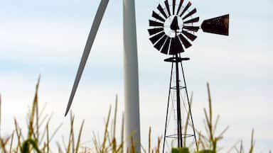 An old water pumping windmill stands in contrast to the giant energy producing wind turbine on a wind farm near Fowler, Indiana, USA. They are located in a cornfield.