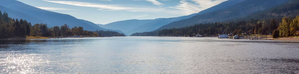 Scenic View of Kootenay River. Sunny Fall Season Day. Located in Balfour near Nelson, British Columbia, Canada.