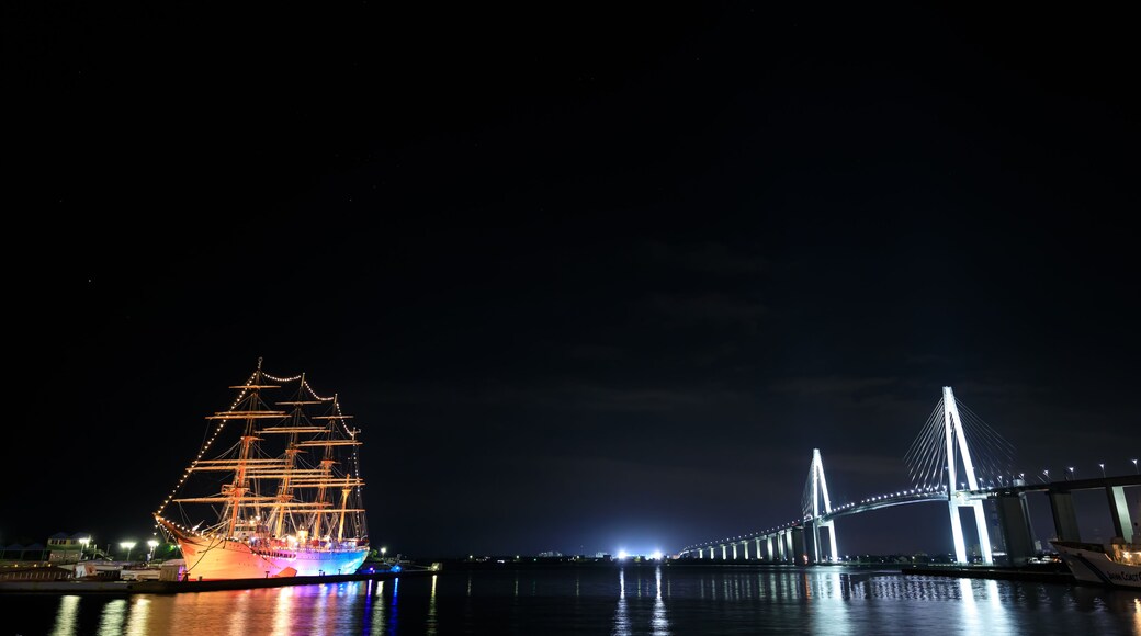 夜の海王丸パークと皆既月食 富山県射水市 Kaiwomaru Park and total lunar eclipse at night. Toyama prefecture. Imizu city.