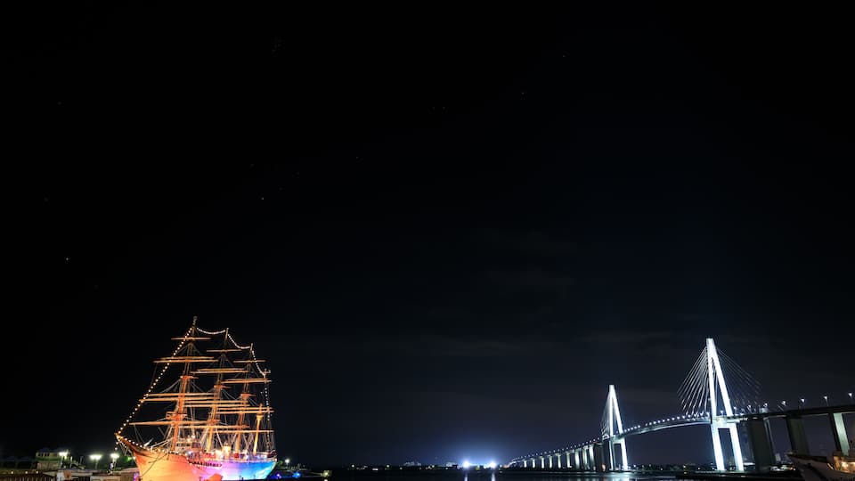 A large illuminated ship and a lit bridge at night.