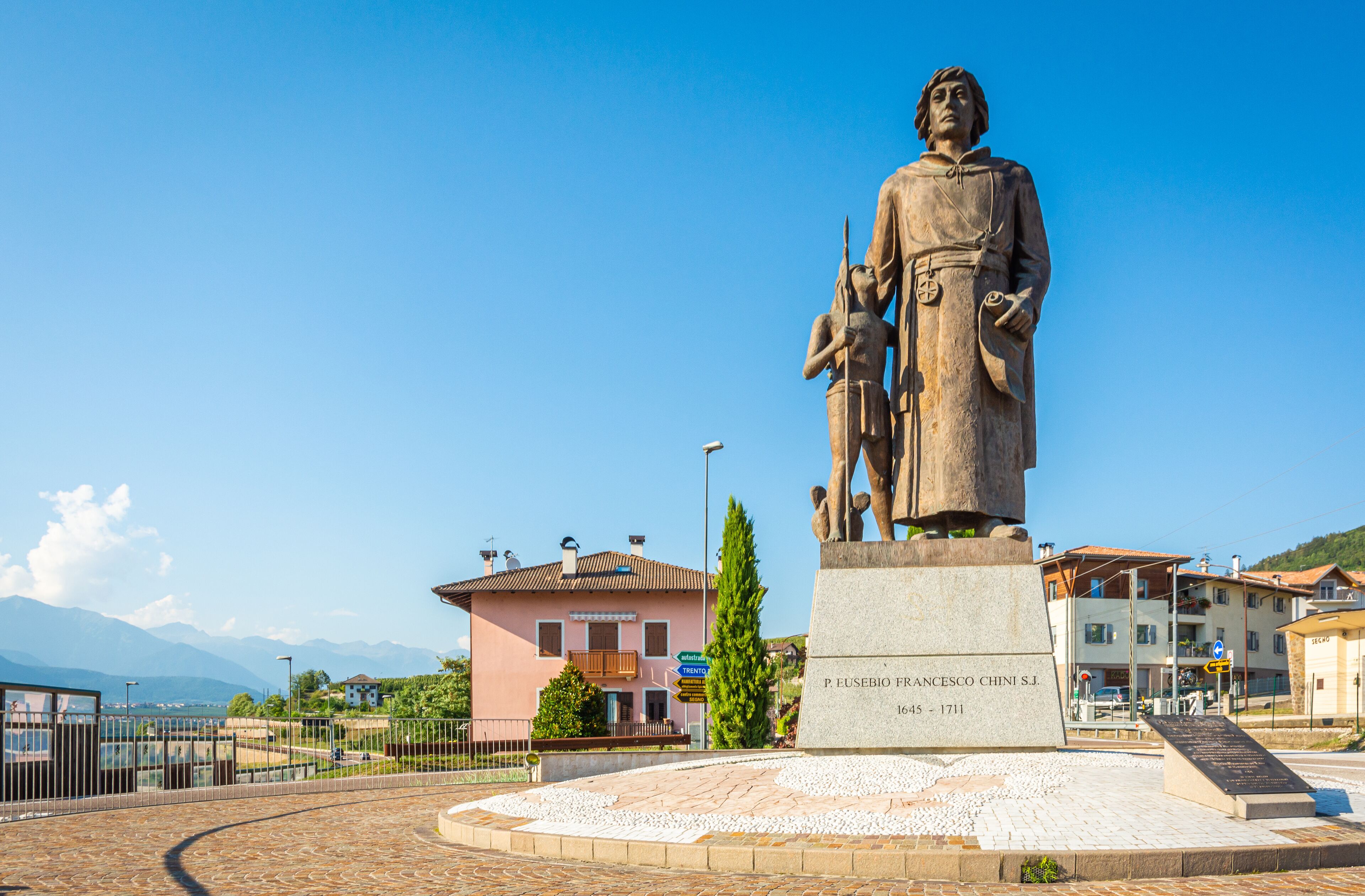bronze statue of Eusebio Chini (Phater Kino) - 1645-1711. Segno,Predaia, Val di Non, Trento province,Trentino Alto Adige - Italy 