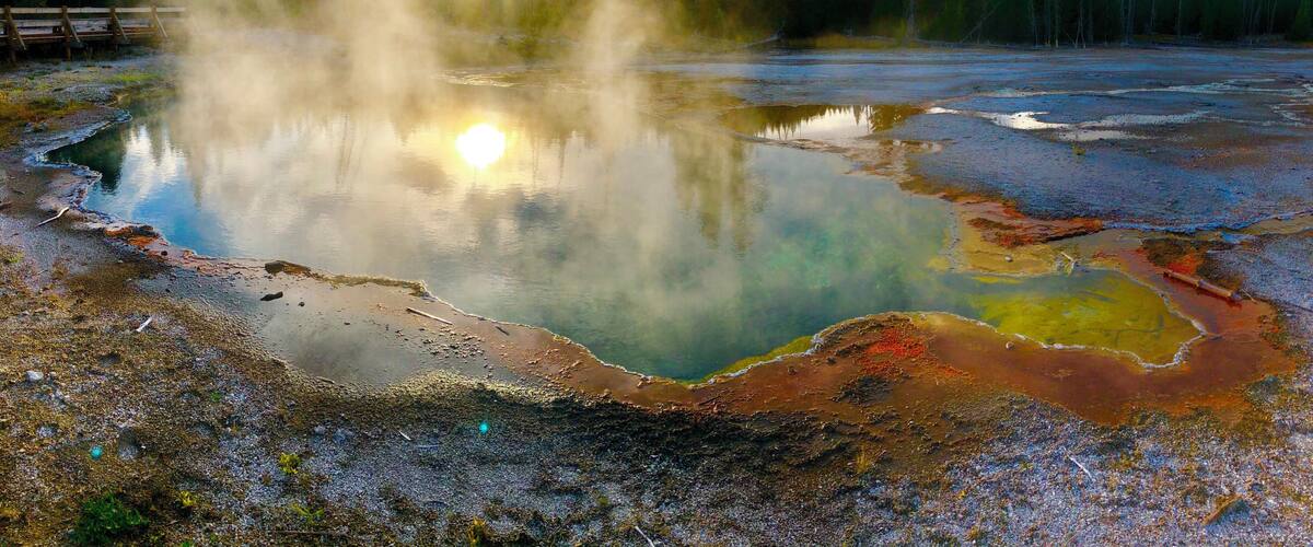 Sunset upon hot springs at West Thumb Geyser Basin!