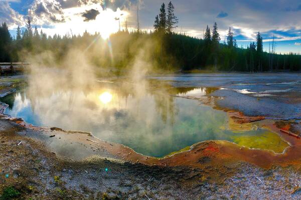 Sunset upon hot springs at West Thumb Geyser Basin!