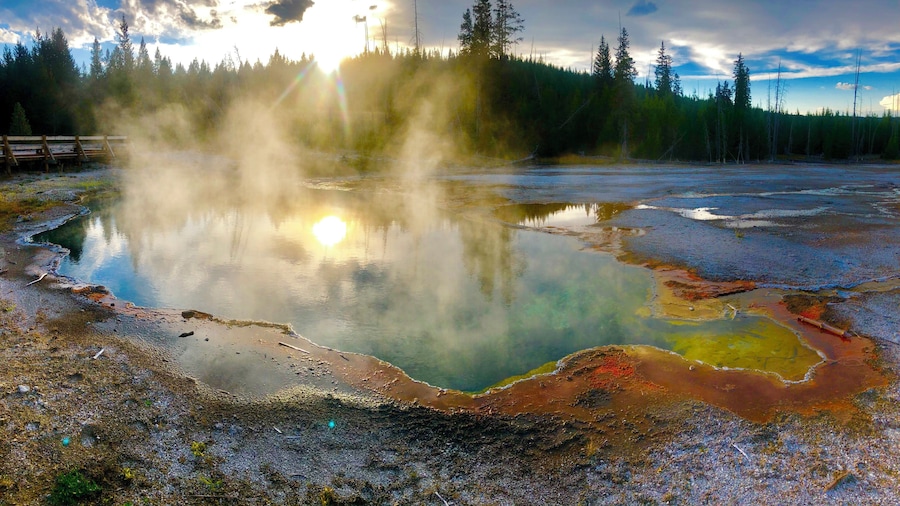 Sunset upon hot springs at West Thumb Geyser Basin!
