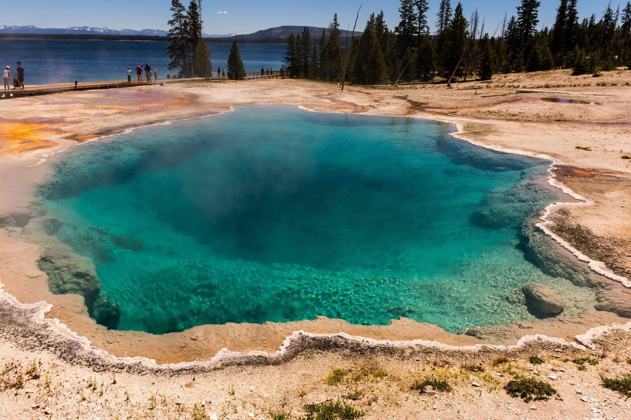 A large turquoise hot spring surrounded by a rocky shoreline and a forested area.
