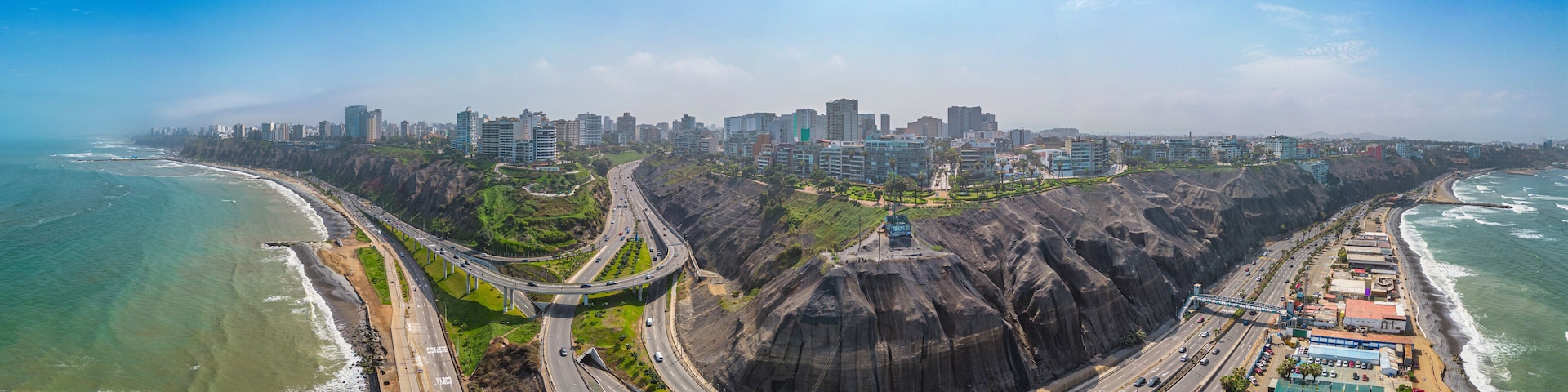 Panoramic aerial image of the Barranco neighborhood in Lima, Peru. Next to the Pacific Ocean with its houses, businesses and bohemian appeal. Image from 2023.