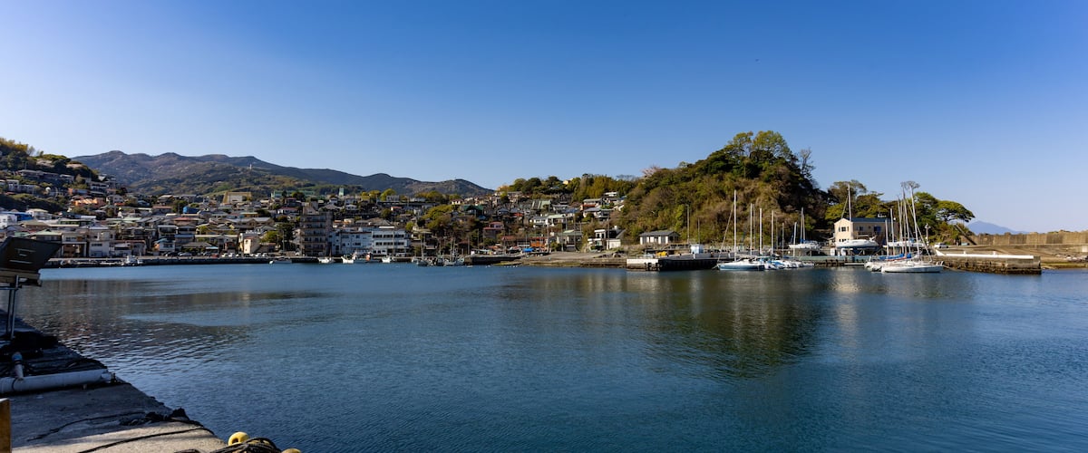 Panoramic view of Manazuru Harbor in Kanagawa, Japan